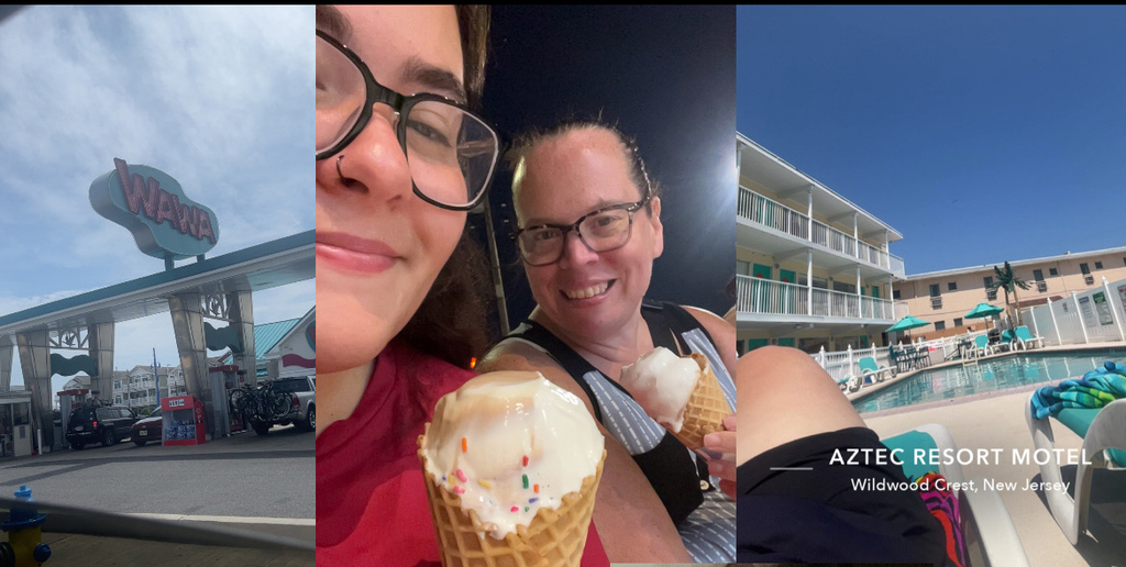 Mom and daughter eating ice cream and smiling, retro WaWa sign, AZTEC resort motel with pool