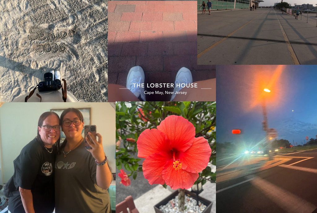 Sand with "Senior 2026" written, bricks in front on "The Lobster House - Cape May, New Jersey", the boardwalk, family members pose for a selfie, a beautiful red flower, and a street scene at night