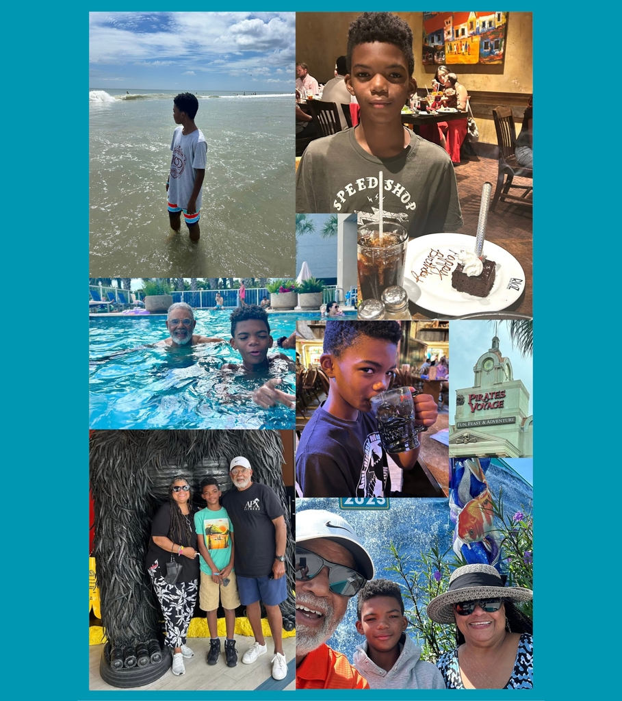 Zayne standing in the ocean, holding a  piece of birthday cake on a plate, standing with his grandparents, drinking a beverage, "Pirates Voyage" building signage, and Zayne  and grandparents in front of beautiful landscape scenery