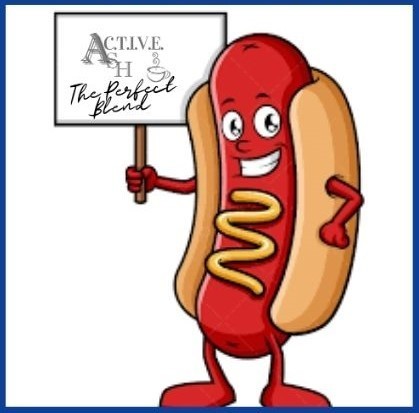 Animated hot dog holding a Perfect Blend sign