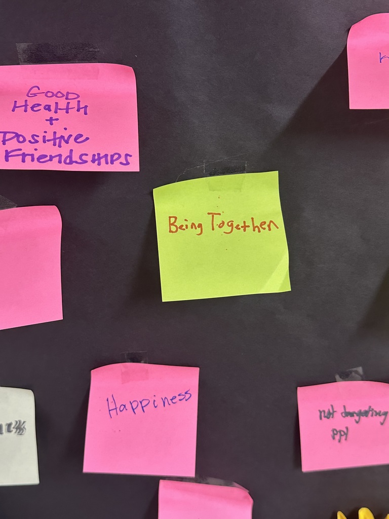 Paper sticker with words "Being Together" and "happiness" on the wall