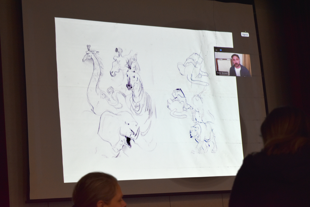 Peter Brown, author/illustrator of The Wild Robot Series, shows illustrations that he drew when he was in high school
