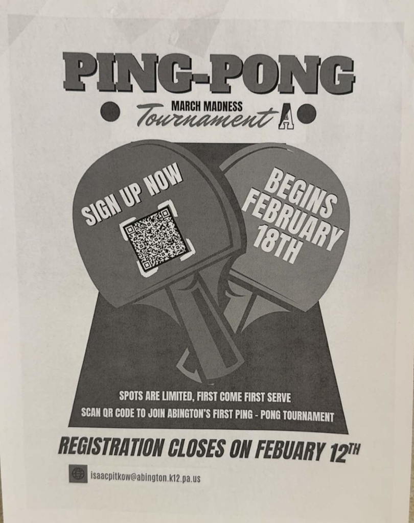 Ping Pong Tournament occurring during Lunch and Learn. Registration closes on February 12th and tournament begins on February  18th
