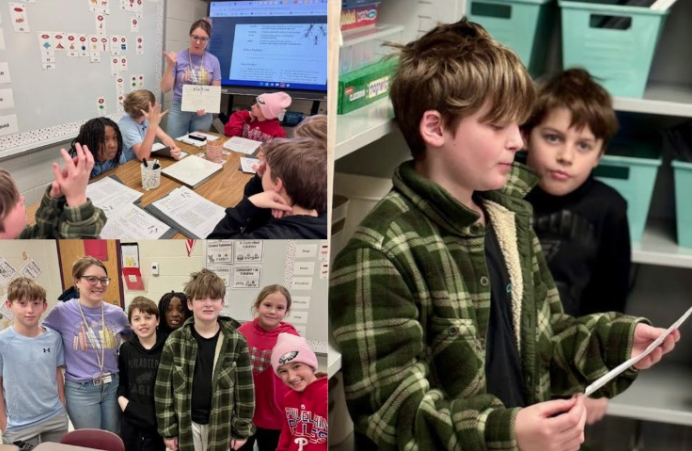 A Collage of students reading and presenting their ideas.