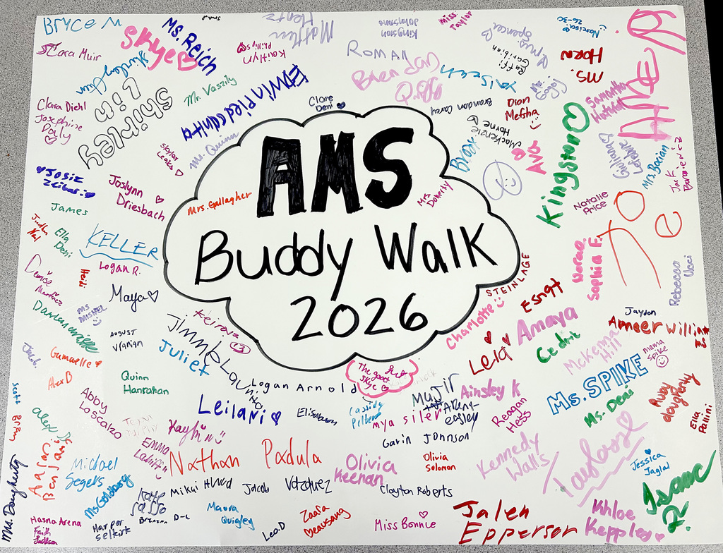A poster that says "AMS Buddy Walk 2026" was signed by those who participated in the 2020 9th Annual Buddy Walk.