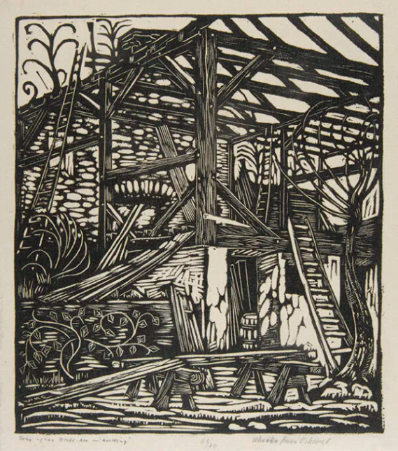 Wharton Esherick, Building, 1922. Woodblock print. Illustration for Walt Whitman, Song of the Broad-Axe (Centaur Press, 2024)