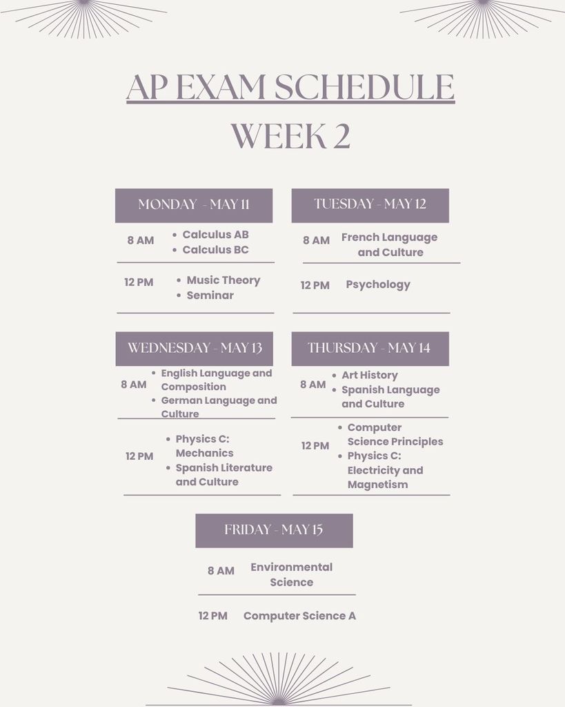 AP exam schedule for 2026. See the full schedule in the image of the post.