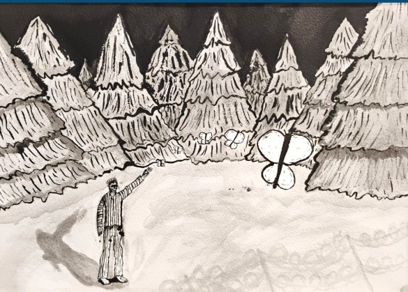 Artwork of a prisoner with evergreen trees in backbround and butterfly in foreground
