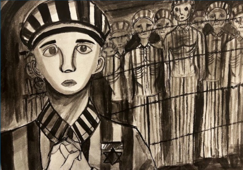 Artwork of a prisoner praying with many other prisoners in background