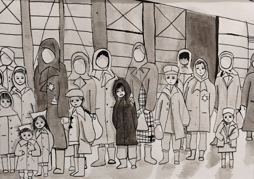 Artwork of unhappy women and children waiting for a train, holding bags