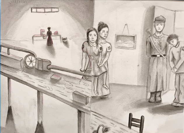 Artwork of female prisoners working, with a German soldier and prisoner standing in doorway