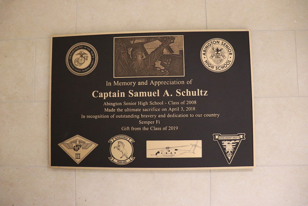 Plaque at the high school recognizing the sacrifice of alumnus Captain Samuel Schultz