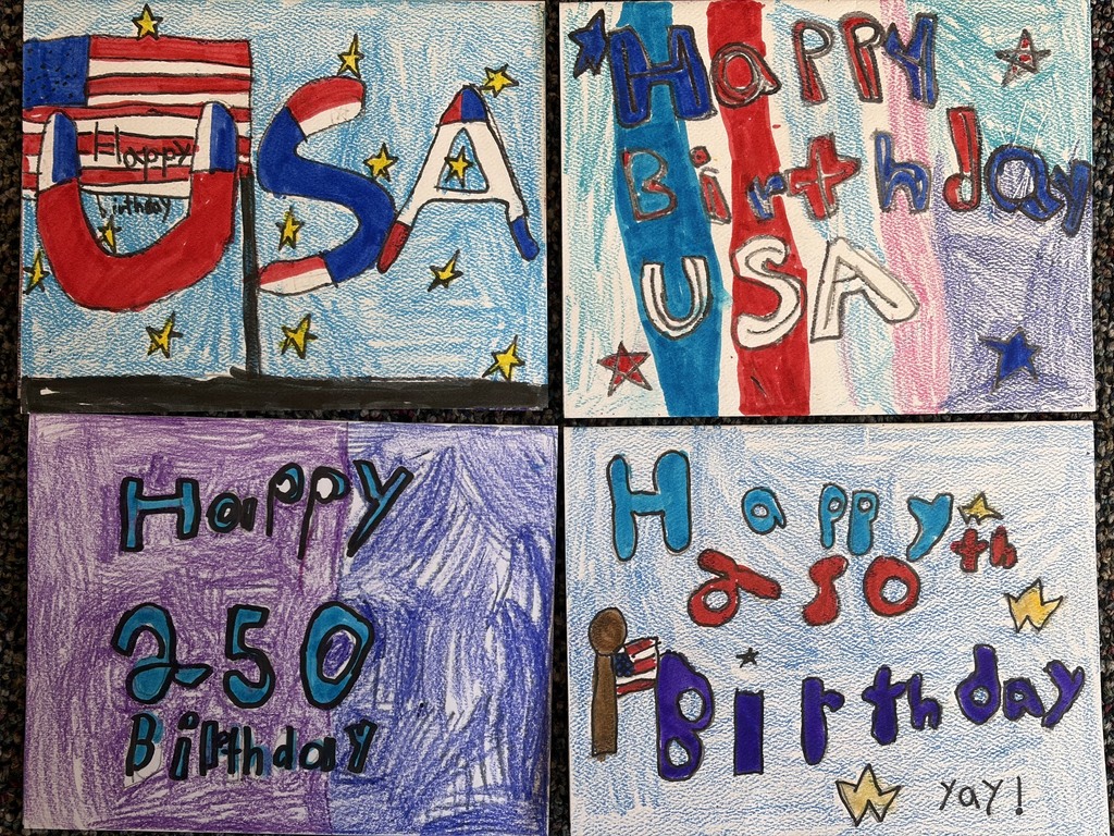 Birthday cards for America, designed by elementary art students