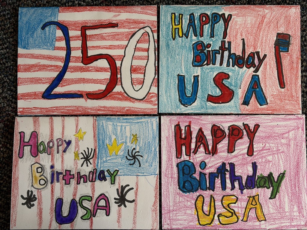 Birthday cards for America, designed by elementary art students