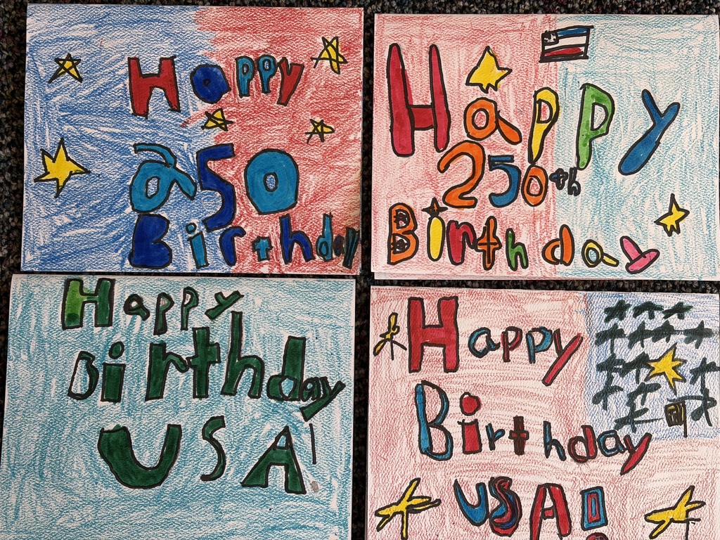 Birthday cards for America, designed by elementary art students