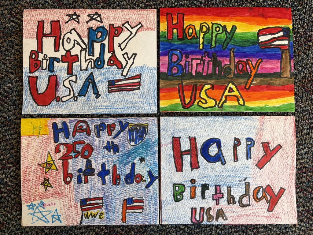 Birthday cards for America, designed by elementary art students