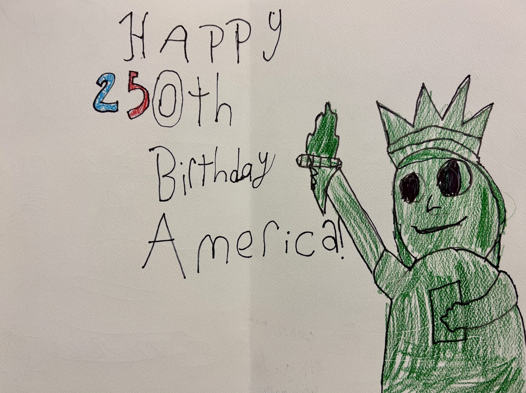 Birthday card for America, designed by elementary art students
