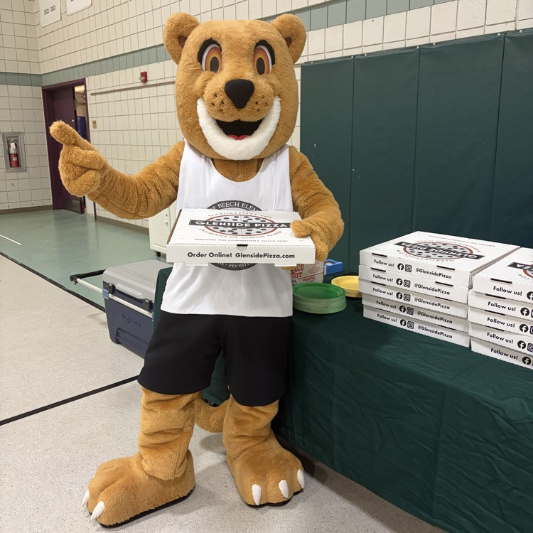 Cougar Carl with a pizza box 