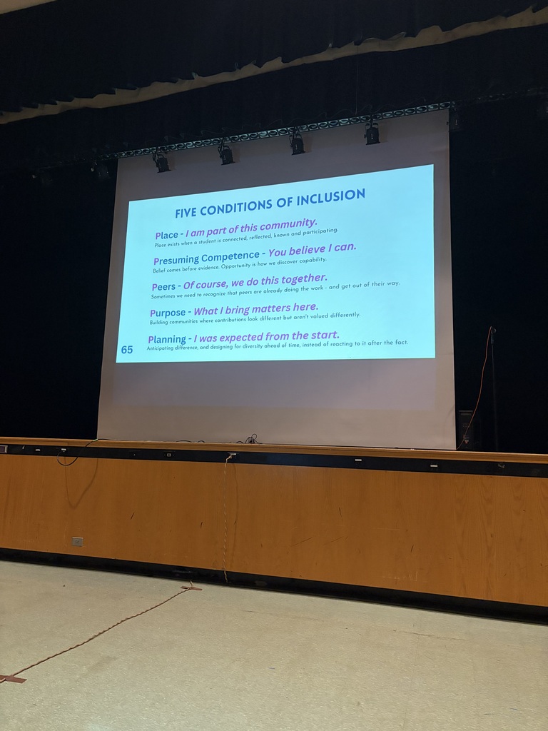 Presentation screen showing the five conditions of inclusion. 