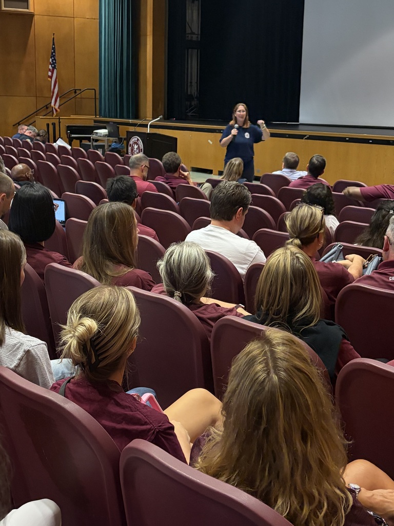 Beth Sandborn presents to staff in the auditorium