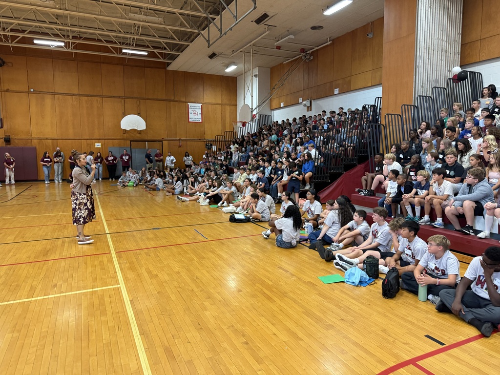 Ms. Rodgers, Assistant Principal, addresses students in the gymnasium at AMS