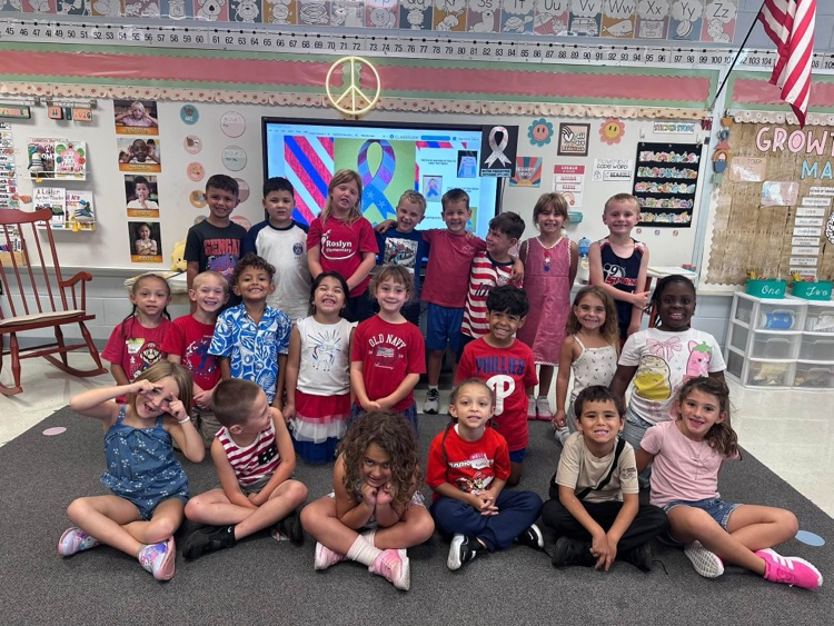 First Grade Class wearing red, white, and blue