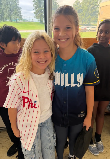 Image of Stingray 6th grade students school spirit event wearing phillies gear. 