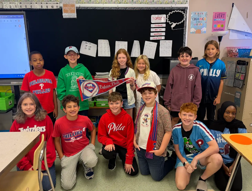 Image of Stingray 6th grade students school spirit event wearing phillies gear. 