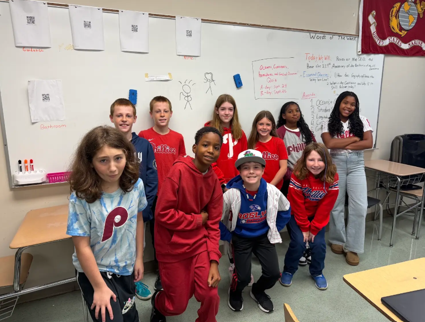 Image of Stingray 6th grade students school spirit event wearing phillies gear. 
