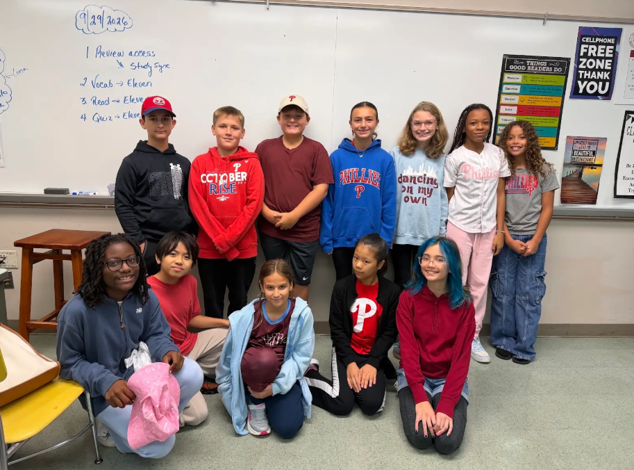 Image of Stingray 6th grade students school spirit event wearing phillies gear. 