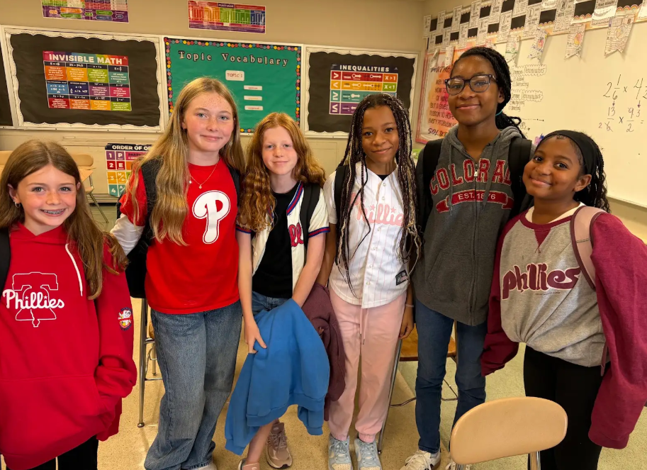 Image of Stingray 6th grade students school spirit event wearing phillies gear. 