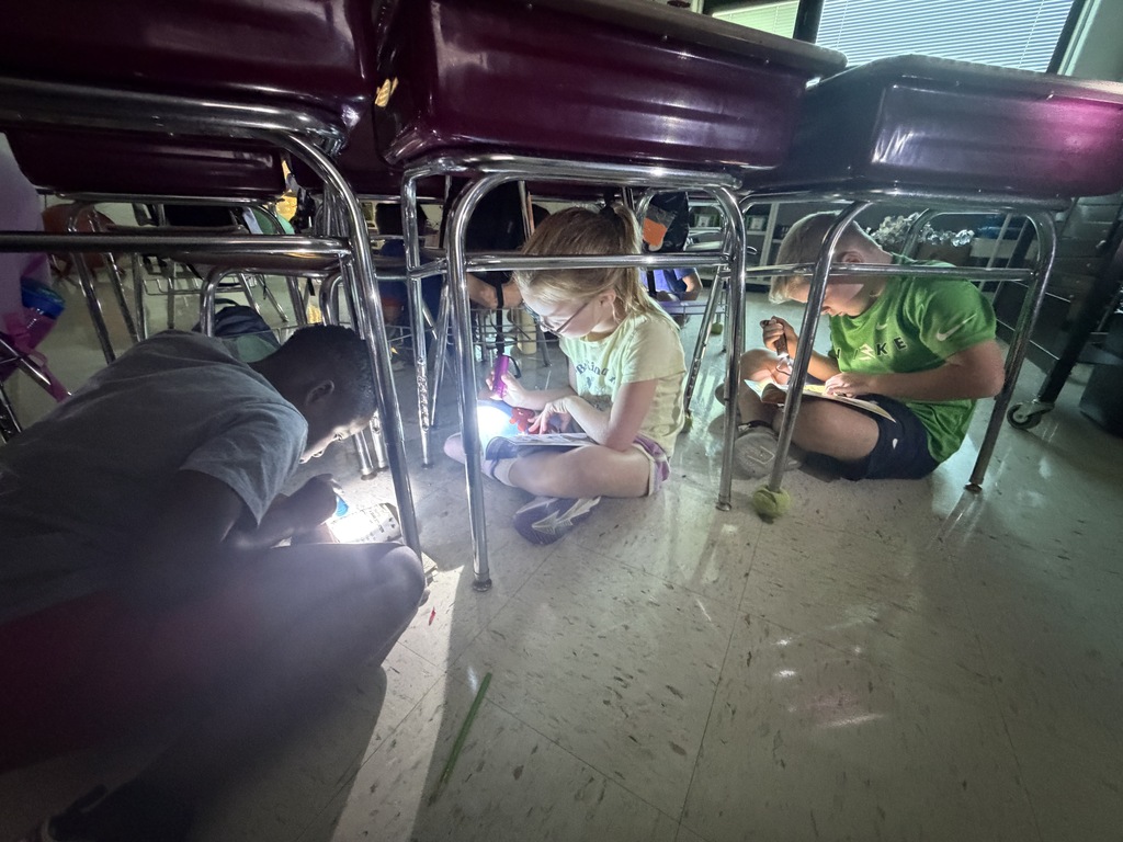 students reading with flashlights under their desks.