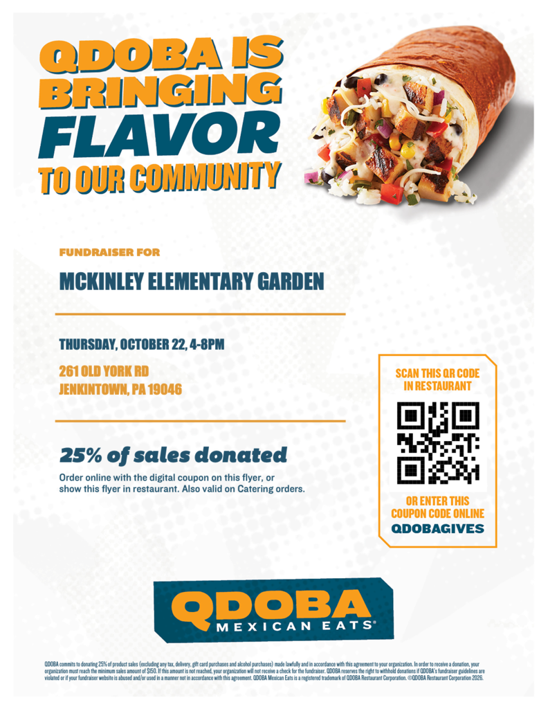 Flyer that shows a fundraiser for Qdoba  on October 22nd. Proceeds go to the McKinley Garden Club.