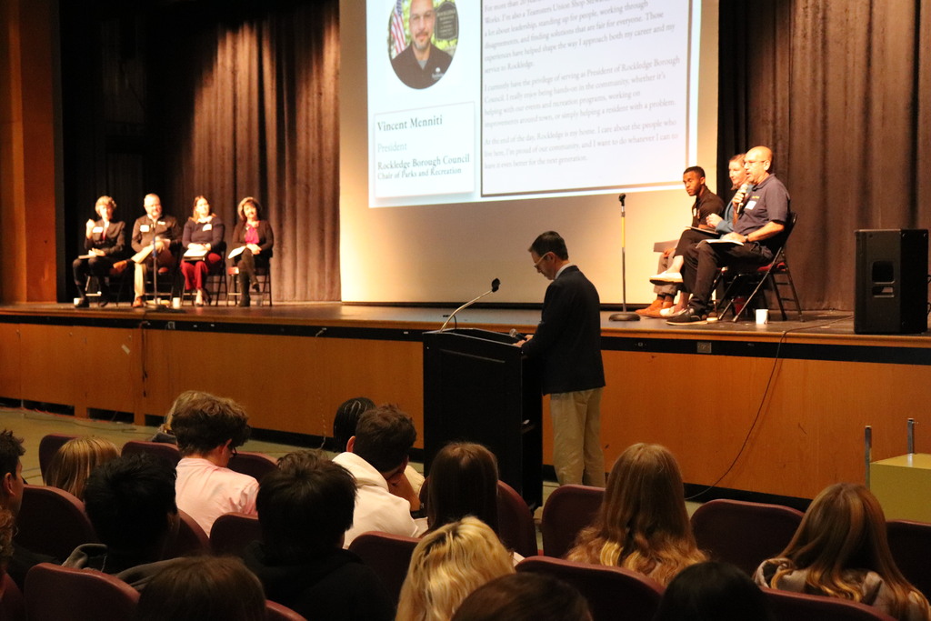 Vince Menniti, a member of Rockledge Borough Council, addresses students