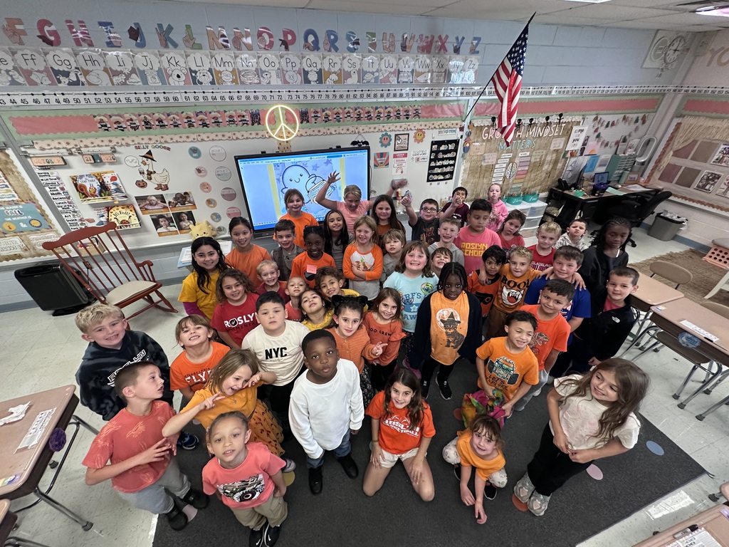 Group photo of the Roslyn students all wearing orange in the classroom.