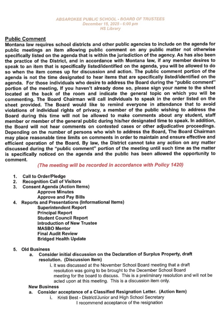 December Board Agenda