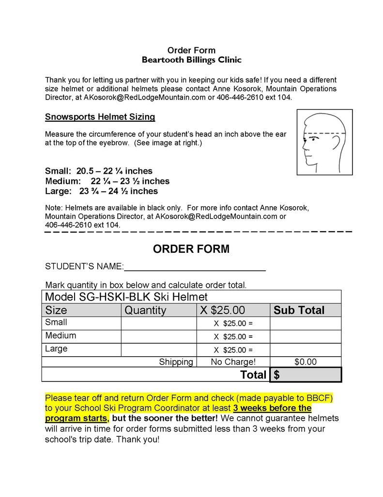 Ski Helmet Order Form