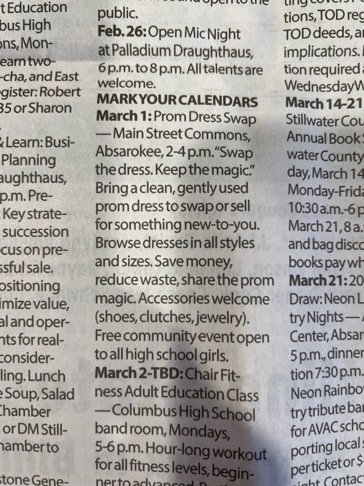 News worthy! The Prom Dress Swap and Consignment Sale is March 1, 2-4pm at the Mainstreet Commons. you can bring your dress to Absarokee High School ahead of time, next week during school hours.