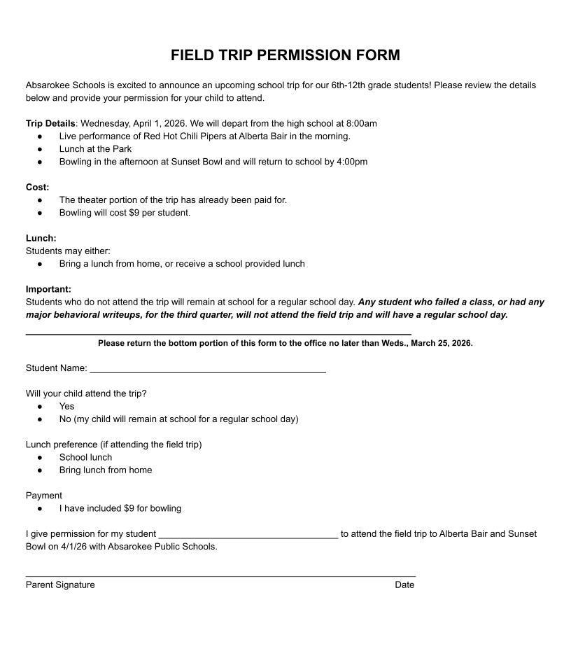 Permission slip for 6-12 field trip
