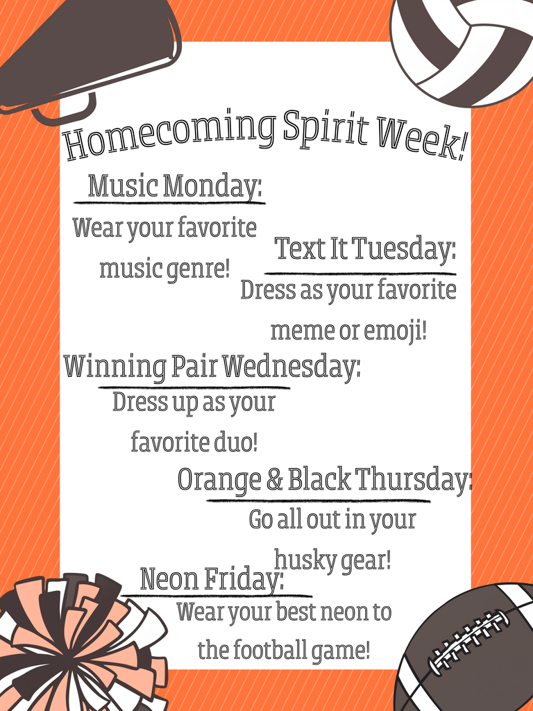 A vibrant orange and black school sports poster for Homecoming Week featuring cheerleading and athletic icons, dynamic background graphics, and modern bold text placeholders.