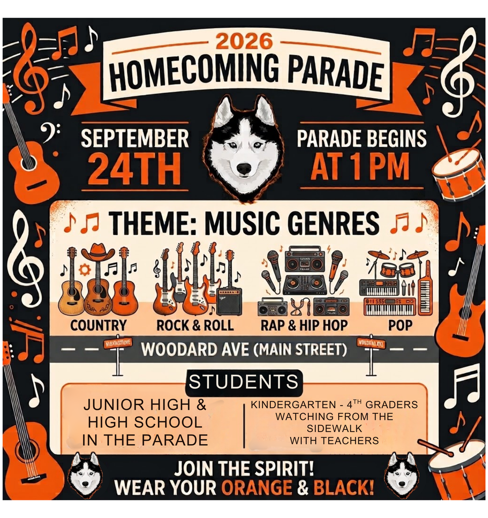 A text-heavy image created for Absarokee Schools detailing the parade participant layout and group listings for junior high and high school students.