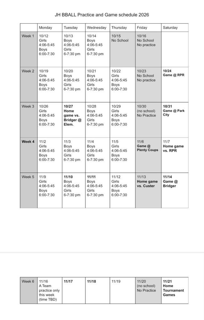 JH practice schedule
