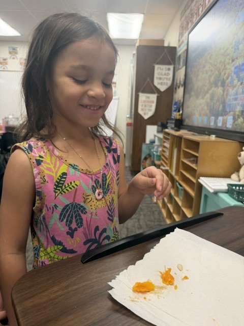 Each student got to feel a pumpkin seed and part of the pumpkin we carved out.