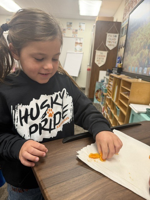 Each student got to feel a pumpkin seed and part of the pumpkin we carved out.