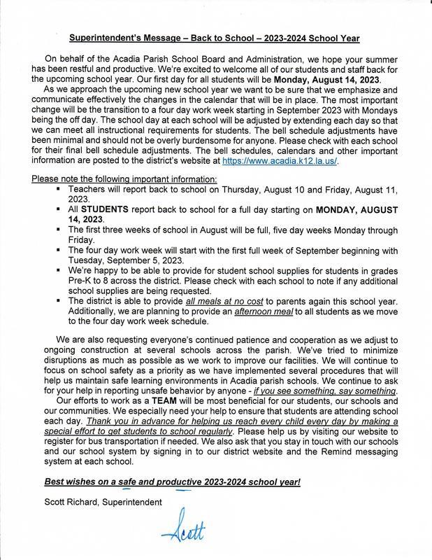 Superintendent's Back to School Message for 2023-24