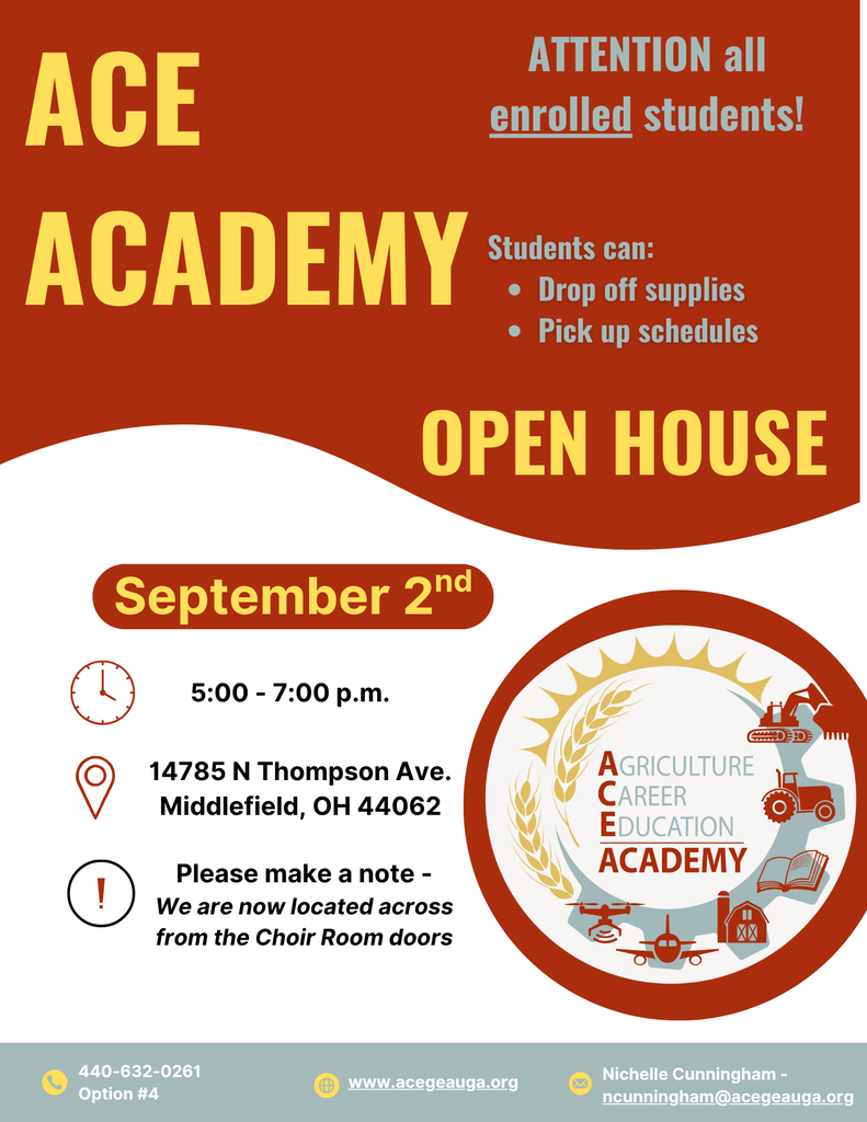 Upcoming ACE Academy events - first, enrollment seminar for new students and second, open house on Sept. 2nd. 