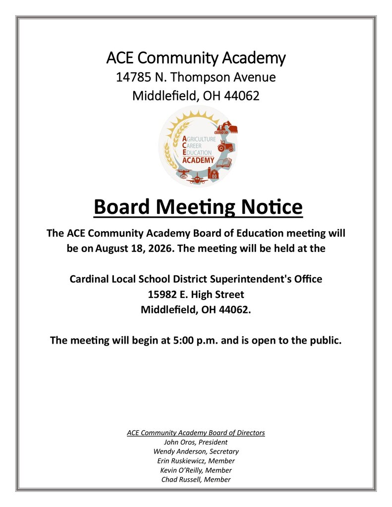 ACE Academy Board Meeting Notice for August 18th at 5:00 p.m.