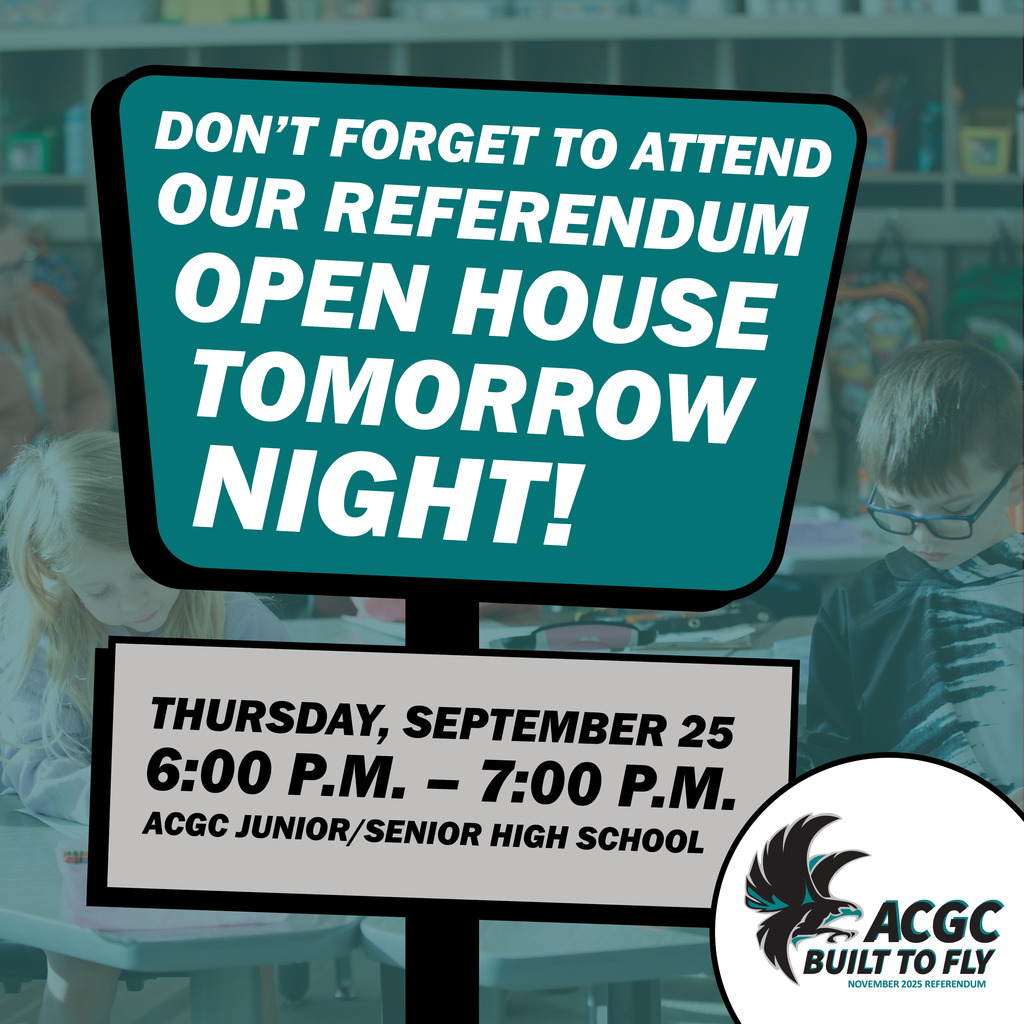 To help inform residents about our upcoming referendum, district residents are invited to join us for a Referendum Open House tomorrow, September 25. Please stop by our junior/senior high school any time between 6:00 p.m. and 7:00 p.m