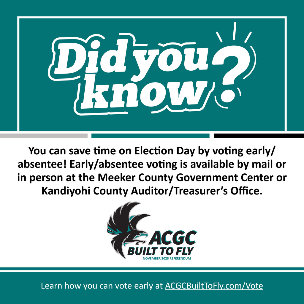 Early/absentee voting is available by mail or in person at the Meeker County Government Center or Kandiyohi County Auditor/Treasurer's Office on weekdays from 8:00 a.m. to 4:30 p.m. 