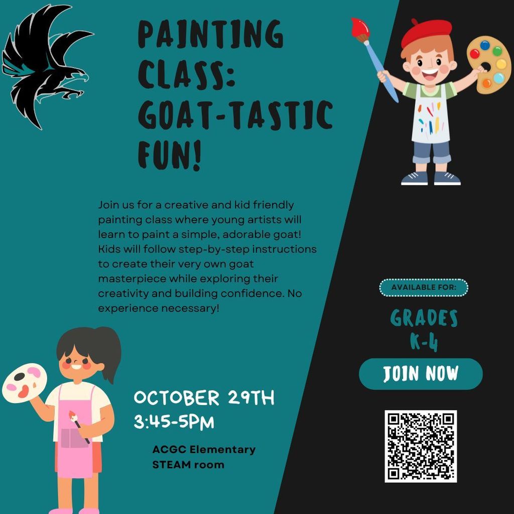 Join us for a creative and kid friendly painting class where young artists will learn to paint a simple, adorable goat! Kids will follow step-by-step instructions to create their very own goat masterpiece while exploring their creativity and building confidence.  No experience necessary!